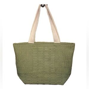 Hand made farmers market tote bag from upcycled material, pockets, lined, green